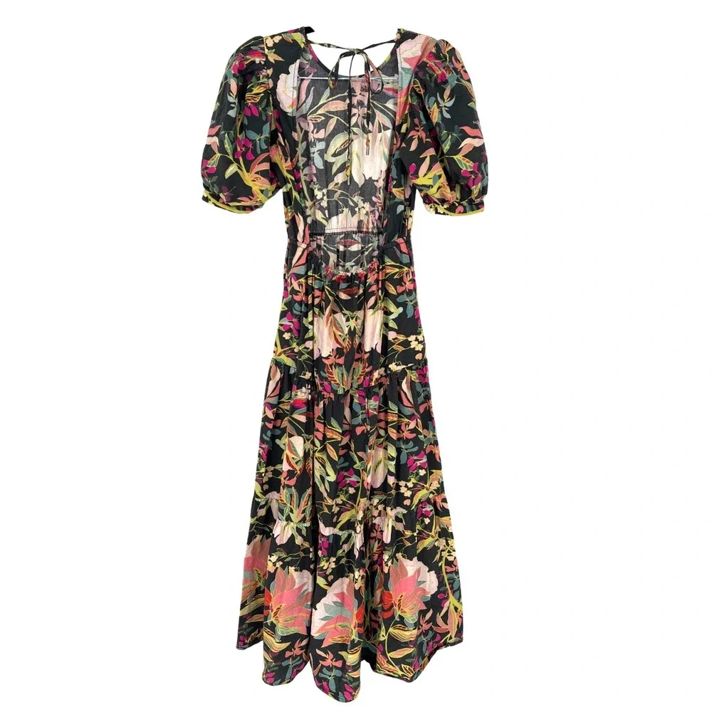 Anthropologie XS Conditions Apply Floral Cotton Open Back Tiered Midi Dress Boho
